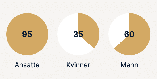 3 pie charts showing 95 employees, 35 women, 60 men